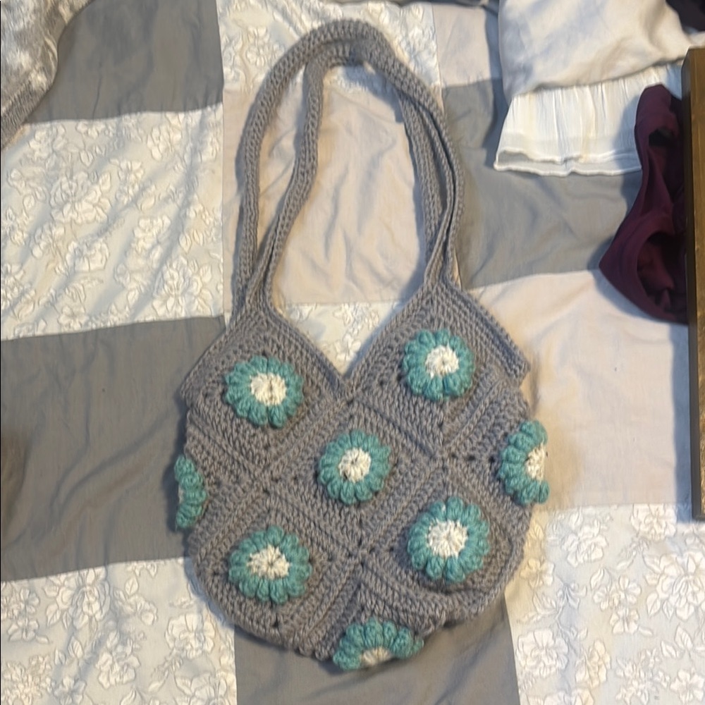 Handmade Gray and Teal Crochet Bag